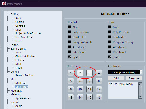 cubase preferences midi filter